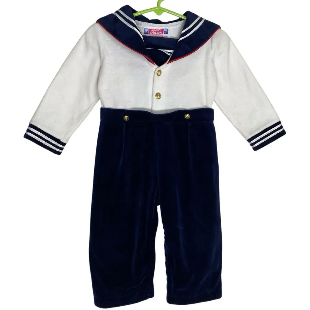 Vtg Childrens Navy Sailor Outfit Velour Nautical Velvet Mashtex Petit Jardin